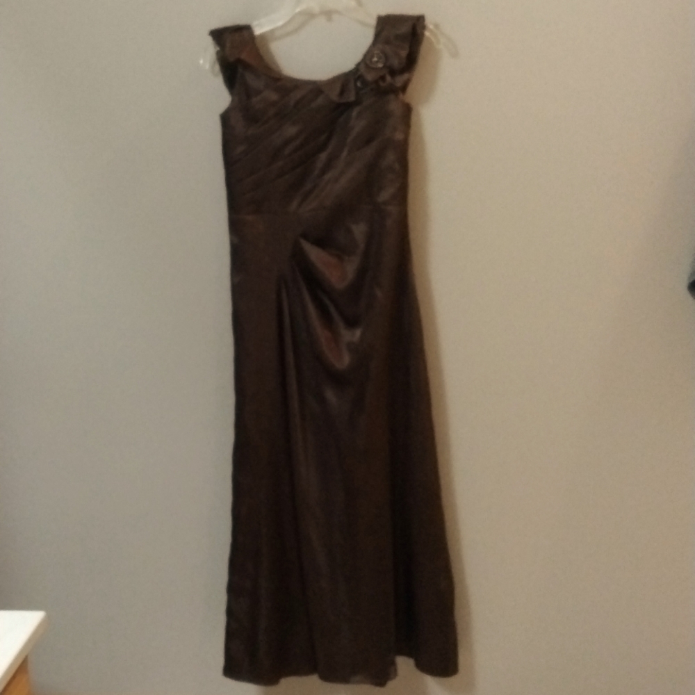 Belsoie Chocolate Brown Satin Long Gown Dress VINTAGE Sz S Prom Bridal Evening